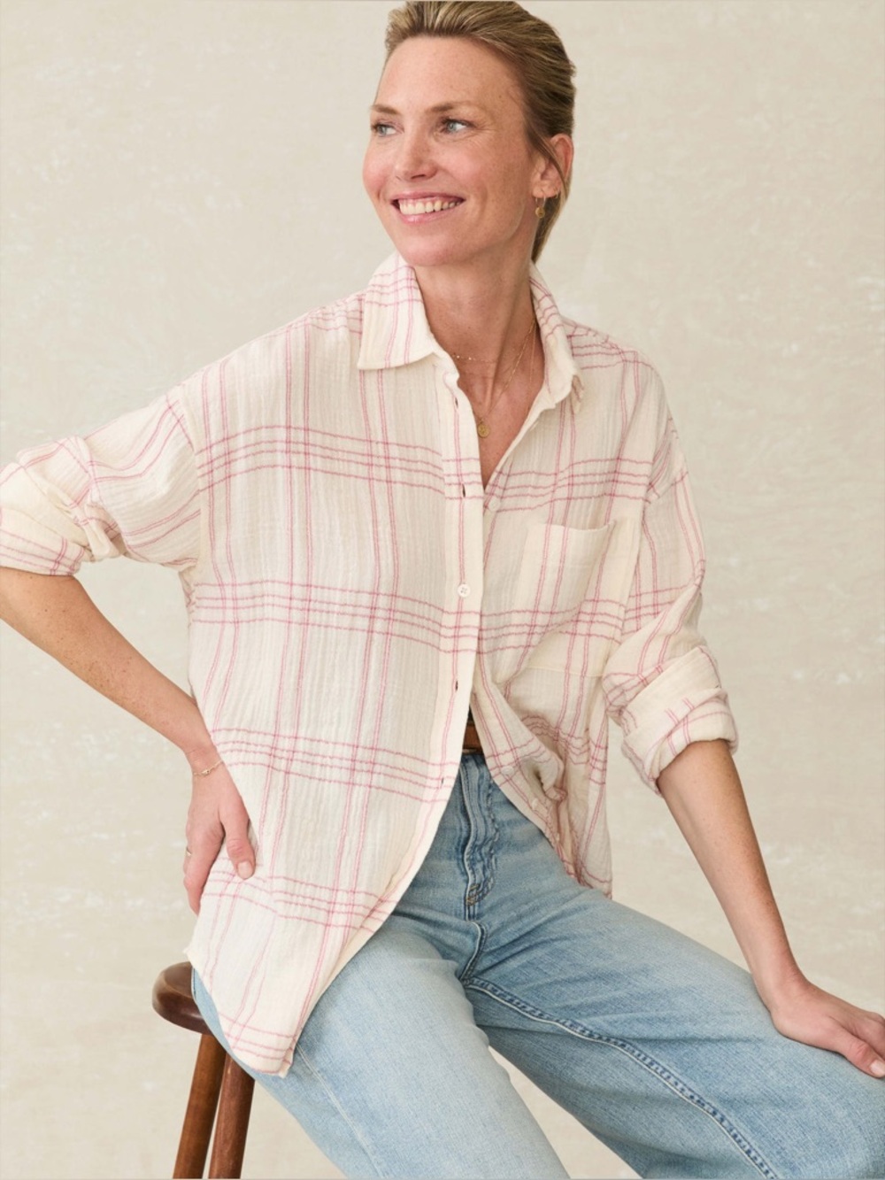 Faherty Dune Cotton Gauze Relaxed Shirt Rose Cove Plaid Long Sleeve Top Medium - Picture 3 of 11